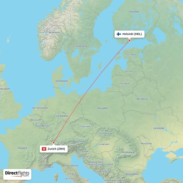 Helsinki - Zurich direct flight map
