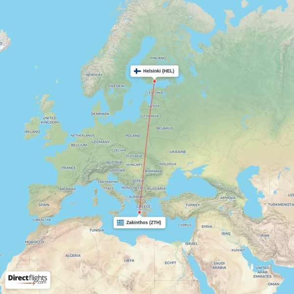 Helsinki - Zakinthos direct flight map
