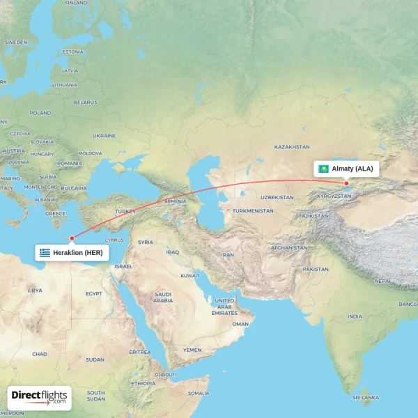 Heraklion - Almaty direct flight map