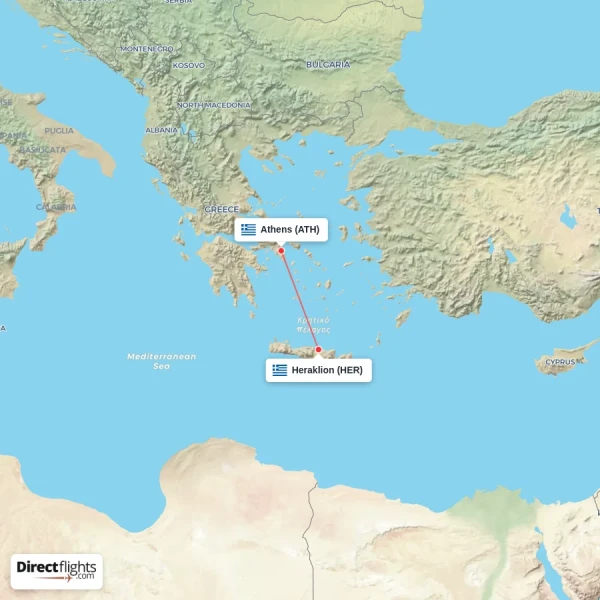 Heraklion - Athens direct flight map