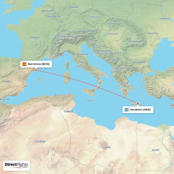 Heraklion - Barcelona direct flight map