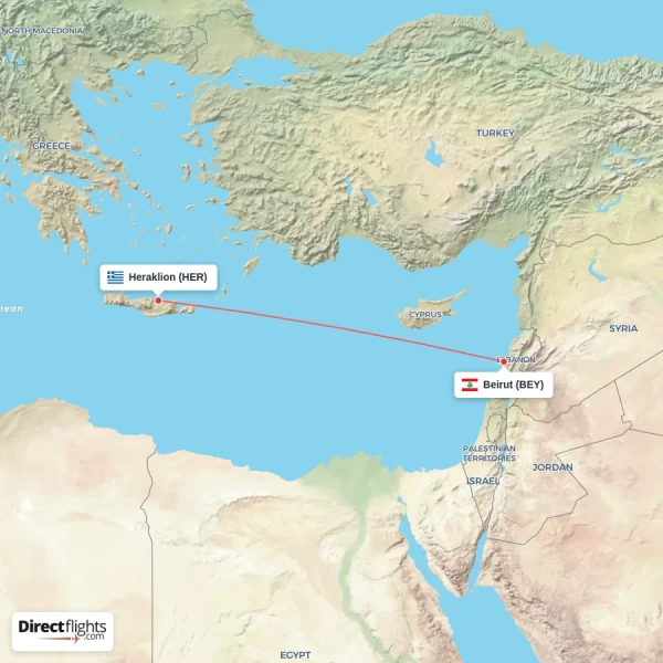 Heraklion - Beirut direct flight map