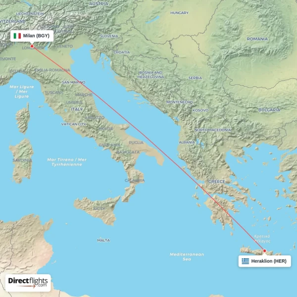 Heraklion - Milan direct flight map