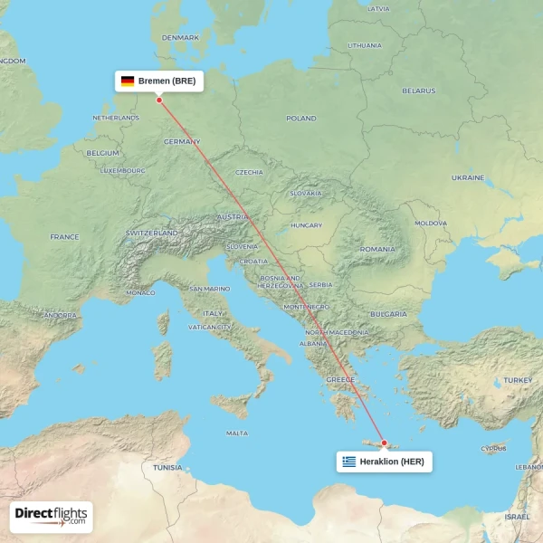 Heraklion - Bremen direct flight map