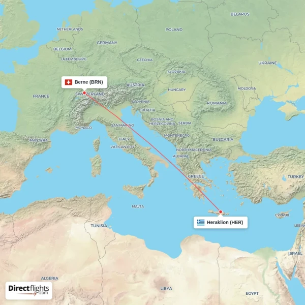 Heraklion - Berne direct flight map