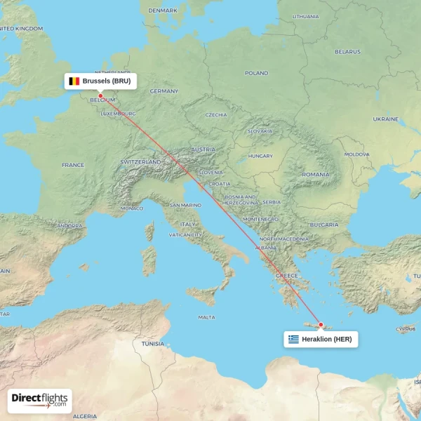 Heraklion - Brussels direct flight map