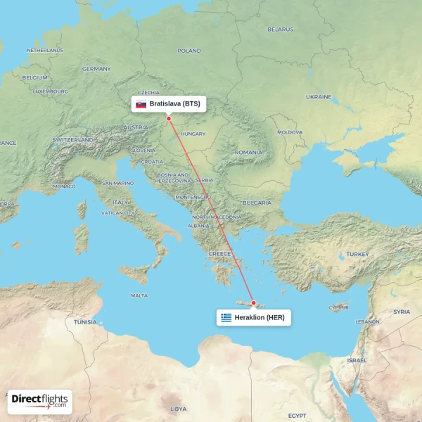 Heraklion - Bratislava direct flight map