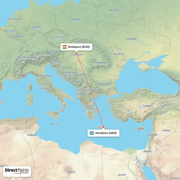 Heraklion - Budapest direct flight map