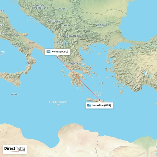 Heraklion - Kerkyra direct flight map