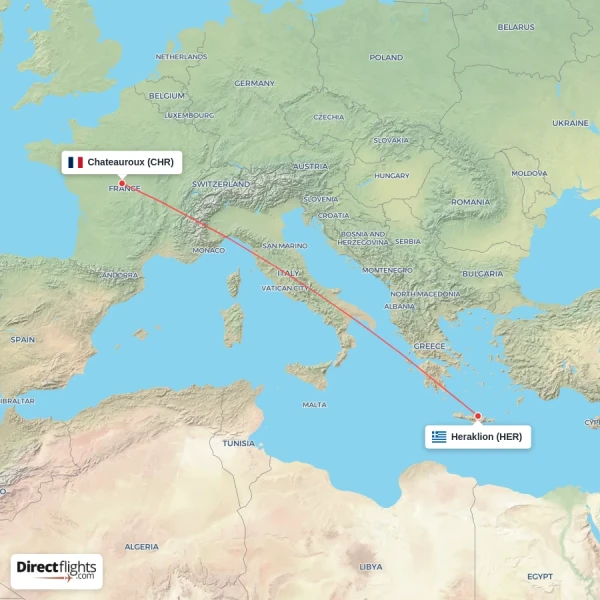 Heraklion - Chateauroux direct flight map