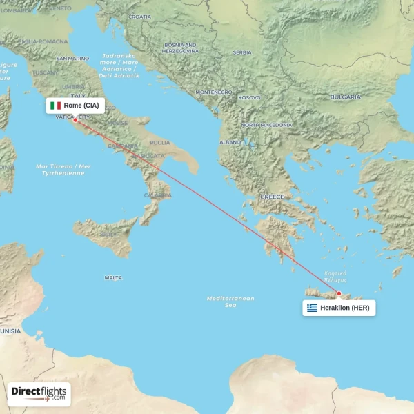 Heraklion - Rome direct flight map