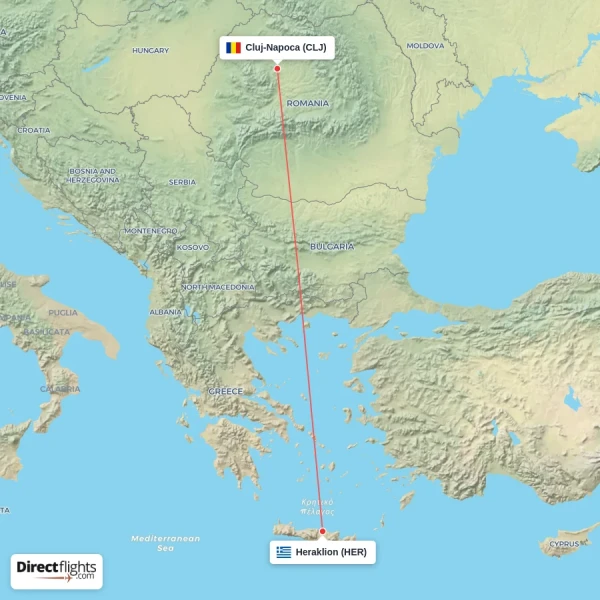 Heraklion - Cluj-Napoca direct flight map
