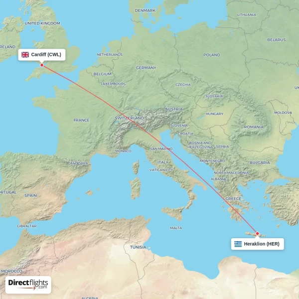 Heraklion - Cardiff direct flight map