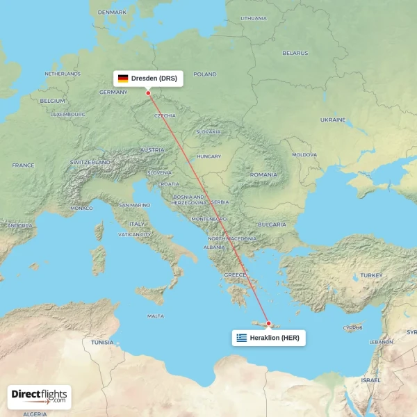 Heraklion - Dresden direct flight map