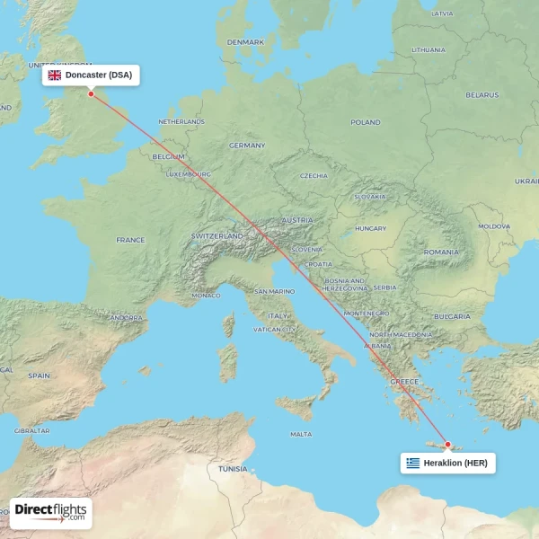 Heraklion - Doncaster direct flight map