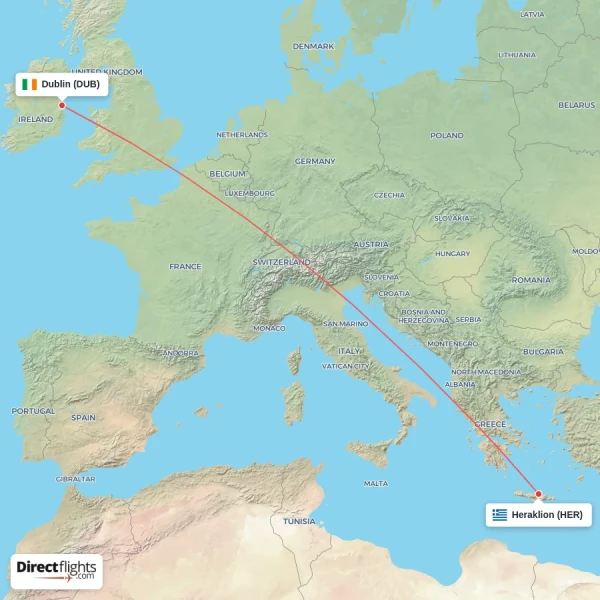 Heraklion - Dublin direct flight map