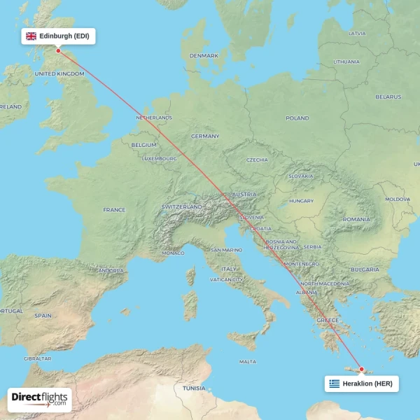 Heraklion - Edinburgh direct flight map