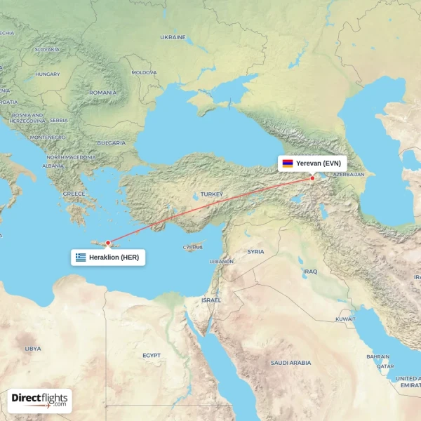 Heraklion - Yerevan direct flight map