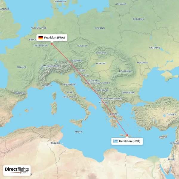 Heraklion - Frankfurt direct flight map