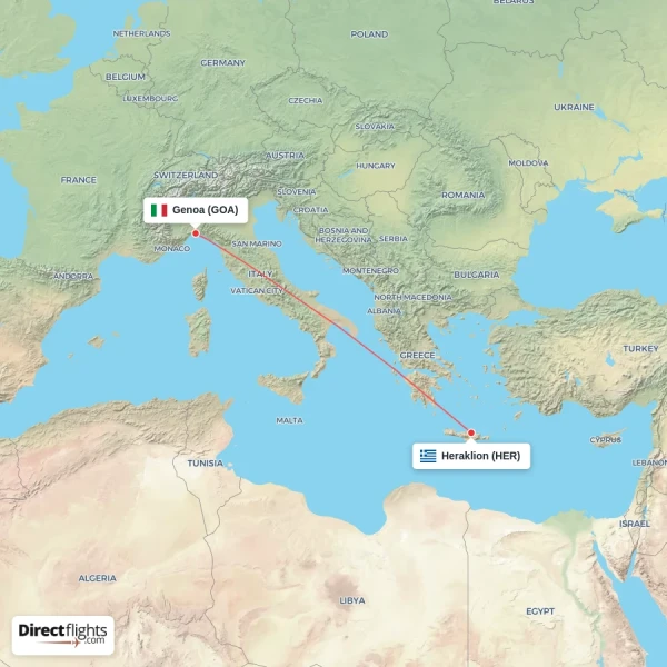 Heraklion - Genoa direct flight map
