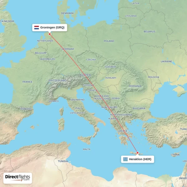 Heraklion - Groningen direct flight map