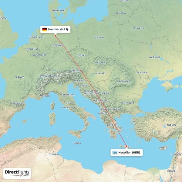 Heraklion - Hanover direct flight map