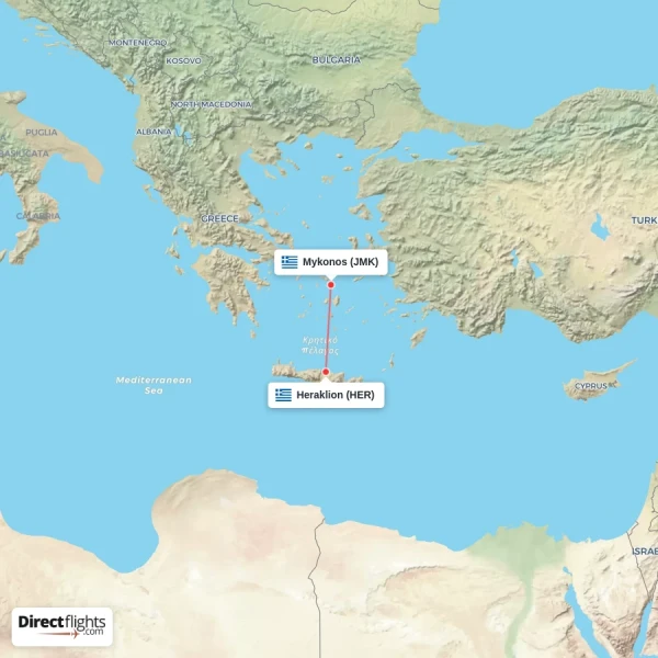 Heraklion - Mykonos direct flight map