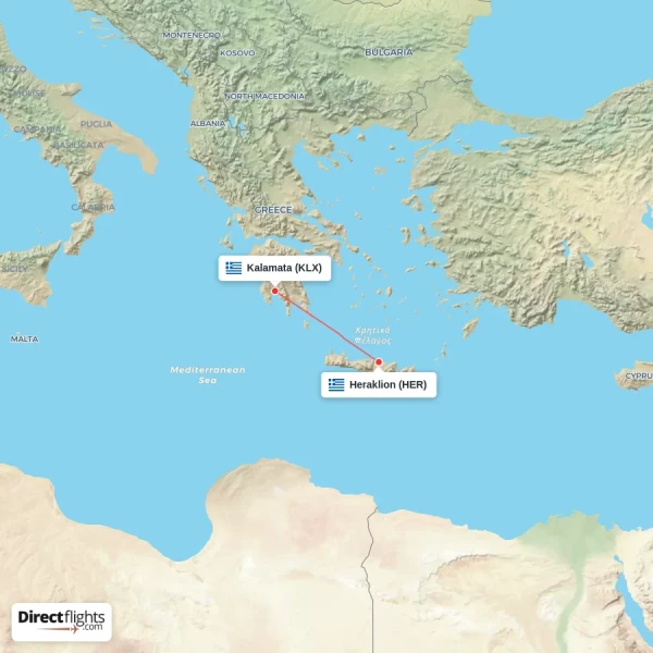 Heraklion - Kalamata direct flight map