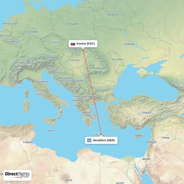 Heraklion - Kosice direct flight map
