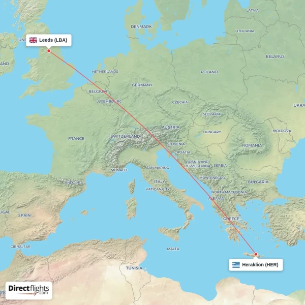 Heraklion - Leeds direct flight map