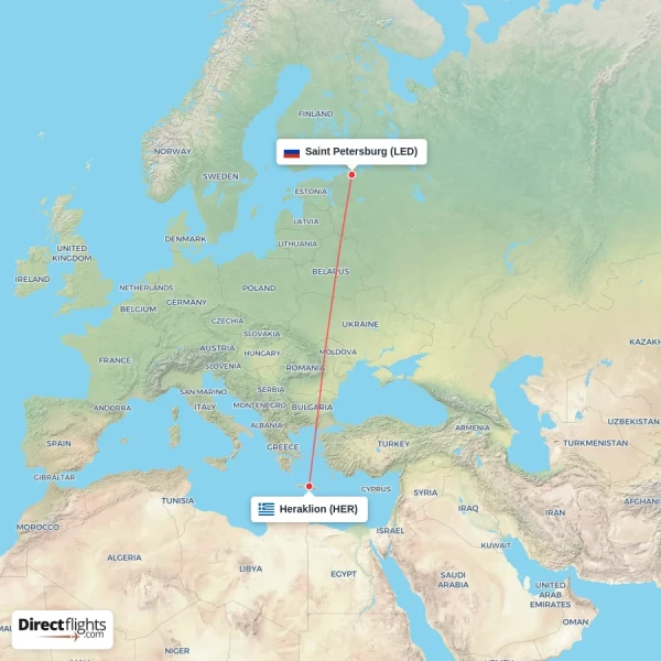 Heraklion - Saint Petersburg direct flight map