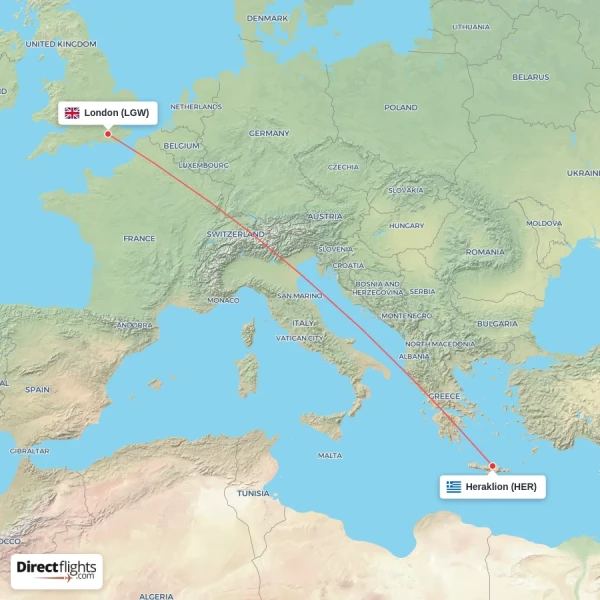 Heraklion - London direct flight map