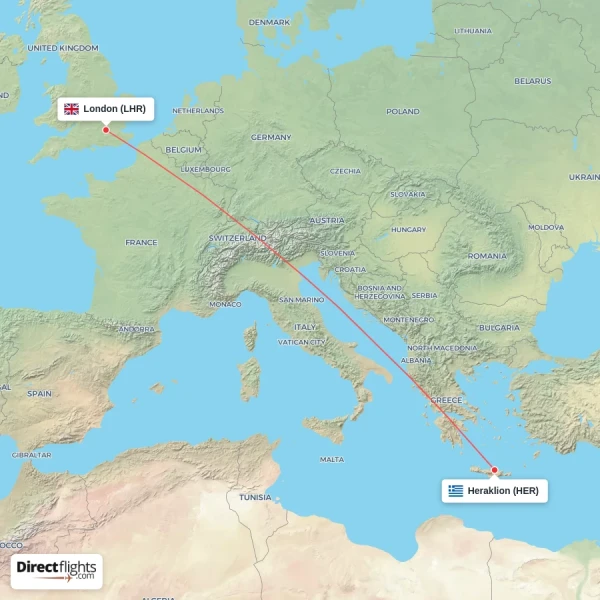 Heraklion - London direct flight map
