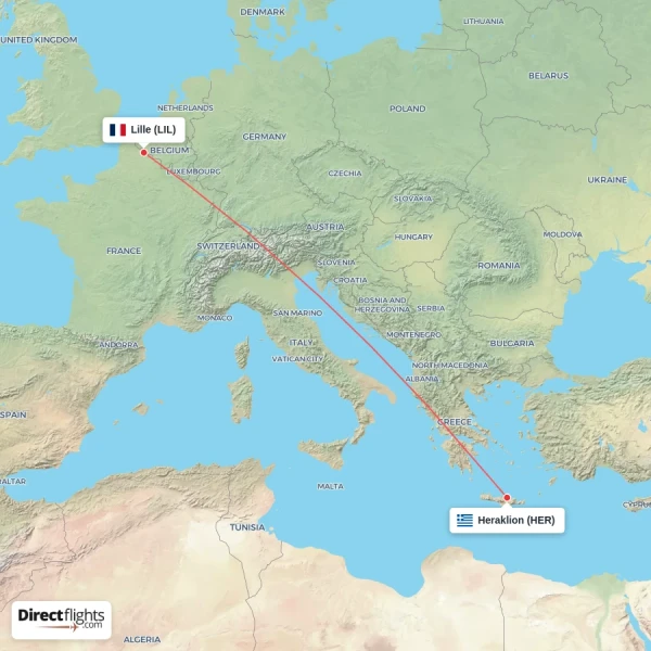 Heraklion - Lille direct flight map
