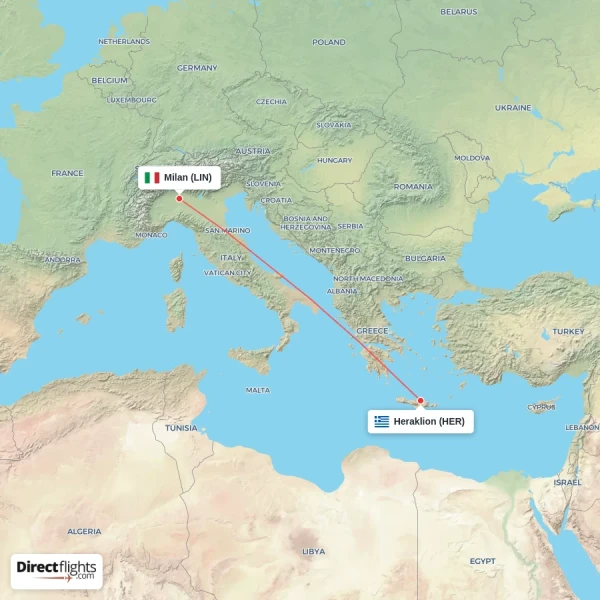 Heraklion - Milan direct flight map