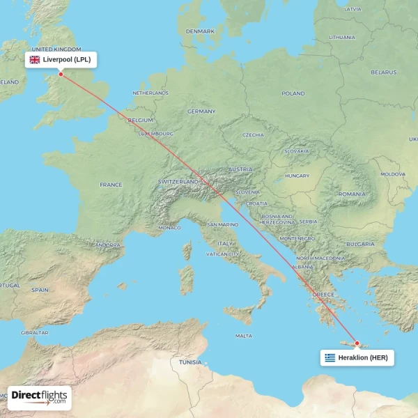 Heraklion - Liverpool direct flight map