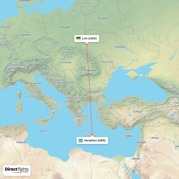 Heraklion - Lviv direct flight map