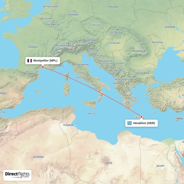 Heraklion - Montpellier direct flight map