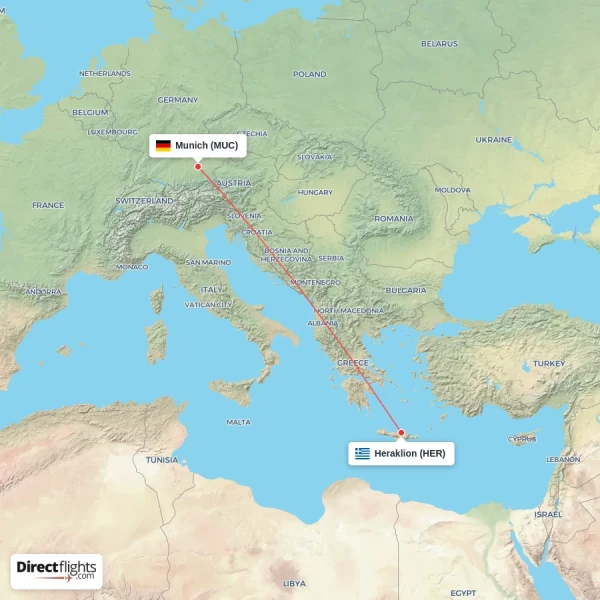 Heraklion - Munich direct flight map