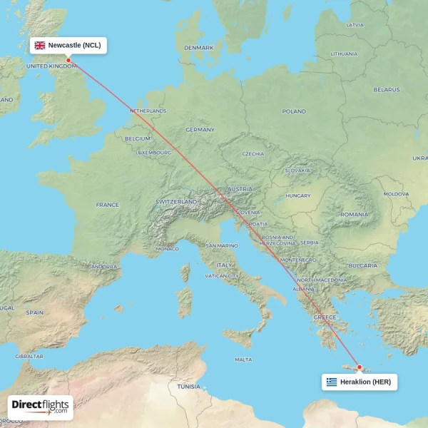 Heraklion - Newcastle direct flight map