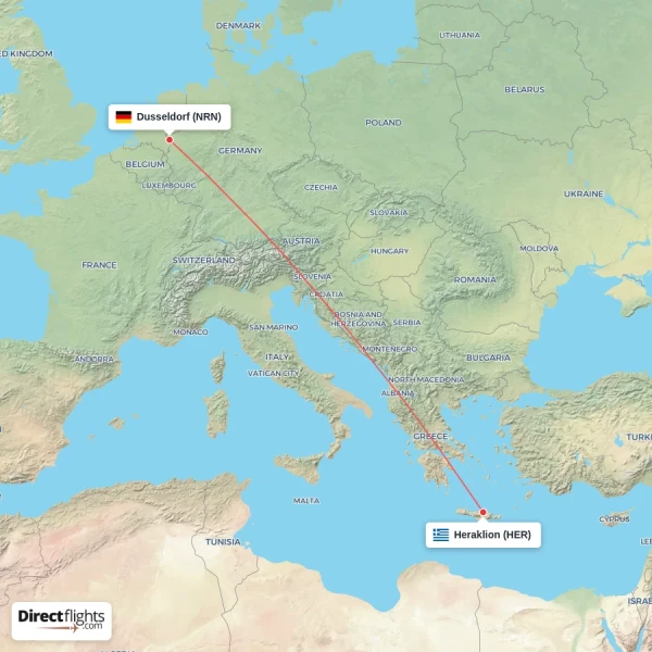 Heraklion - Dusseldorf direct flight map