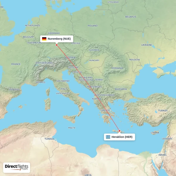 Heraklion - Nuremberg direct flight map