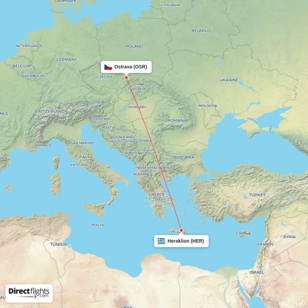 Heraklion - Ostrava direct flight map