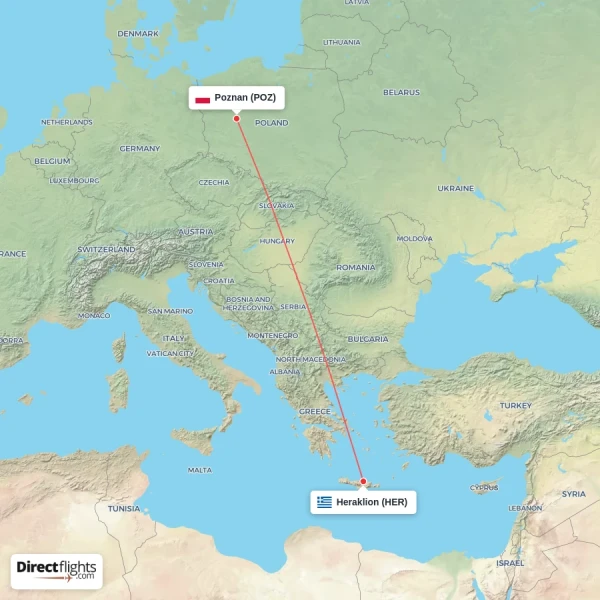 Heraklion - Poznan direct flight map