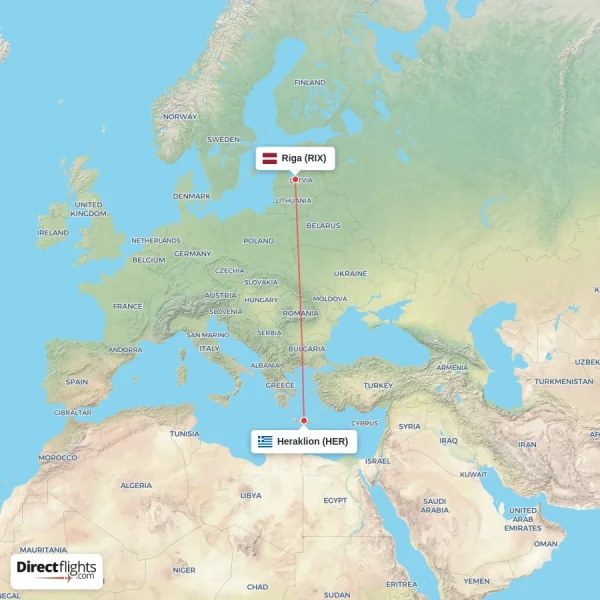 Heraklion - Riga direct flight map