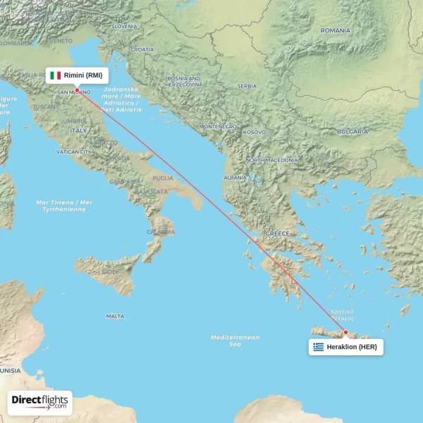 Heraklion - Rimini direct flight map