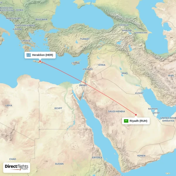 Heraklion - Riyadh direct flight map