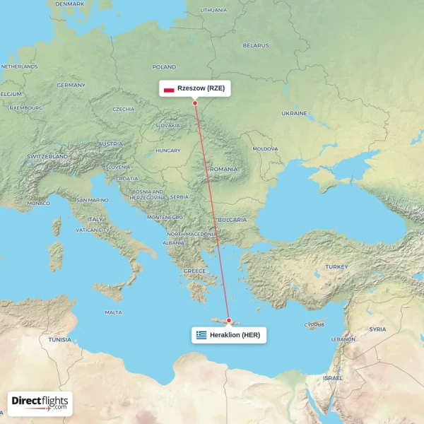 Heraklion - Rzeszow direct flight map