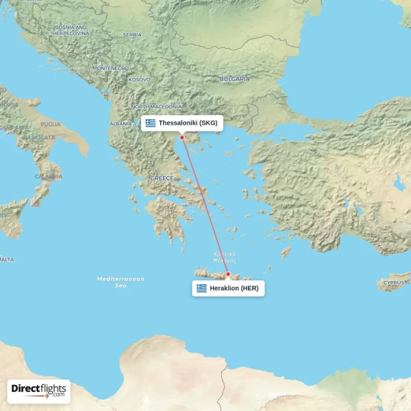 Heraklion - Thessaloniki direct flight map