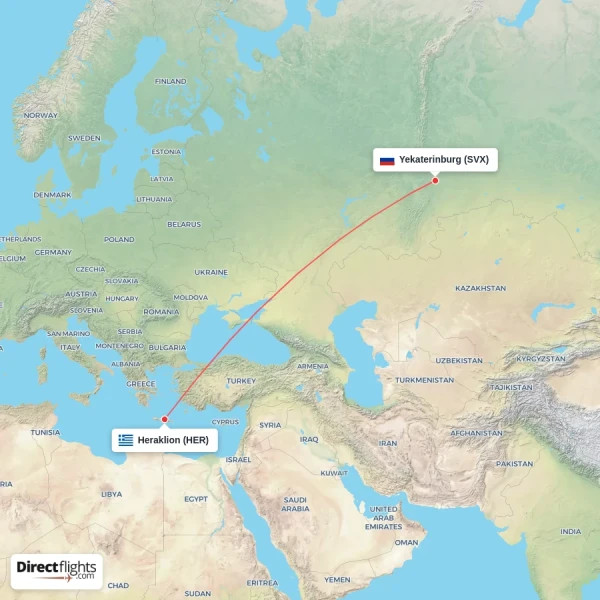 Heraklion - Yekaterinburg direct flight map
